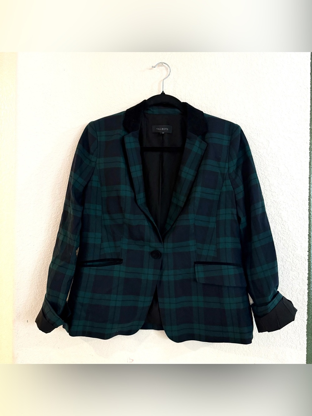 Talbots Blazer Green Blue Plaid Velvet Trim Collar Academia Holiday Size 4
